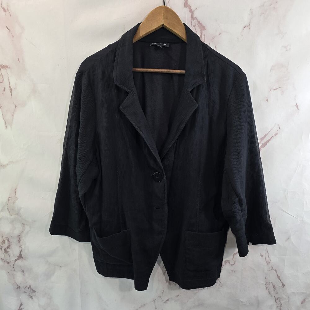 Eileen Fisher Jacket Womens XL Black Silk Unstructured Blazer Textured Lightweig